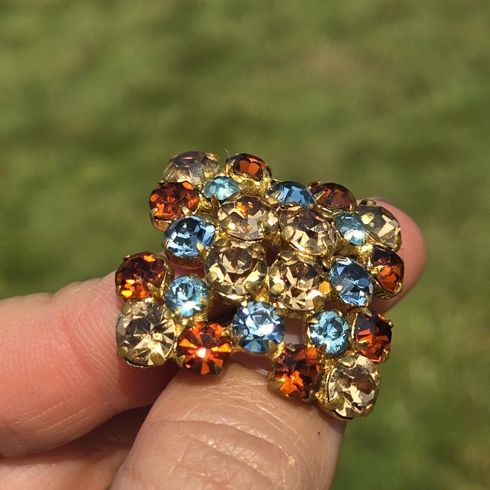 Vintage Austrian Gold-Tone Pin Brooch Orange & Blue Rhinestones.
